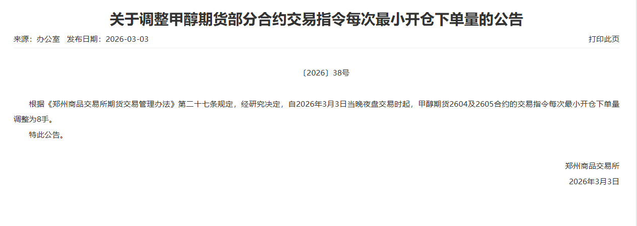 转郑商所关于调整甲醇期货部分合约交易指令每次最小开仓下单量的公告