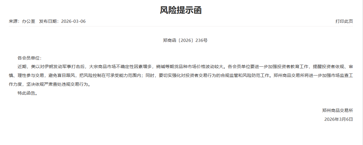 转郑商所风险提示函