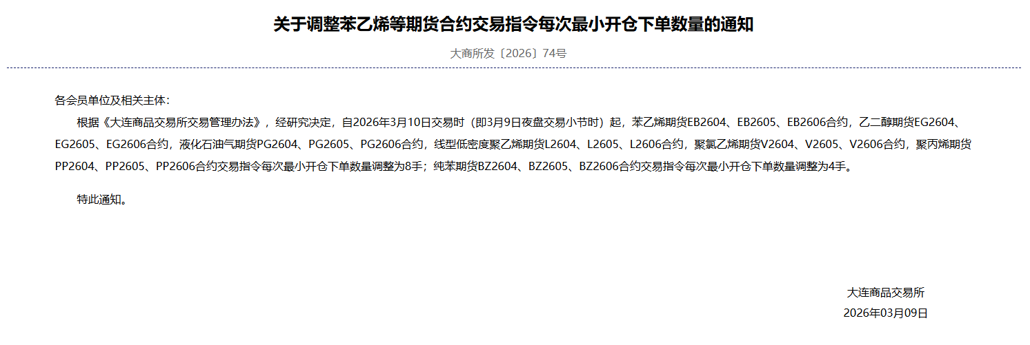 转大商所关于调整苯乙烯等期货合约交易指令每次最小开仓下单数量的通知