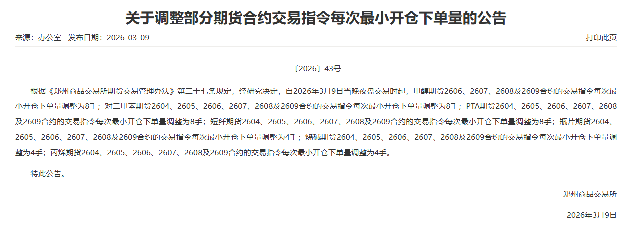 转郑商所关于调整部分期货合约交易指令每次最小开仓下单量的公告