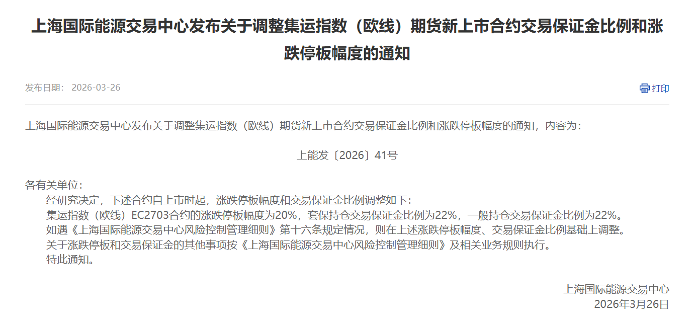 转能源中心关于调整集运指数（欧线）期货新上市合约交易保证金比例和涨跌停板幅度的通知