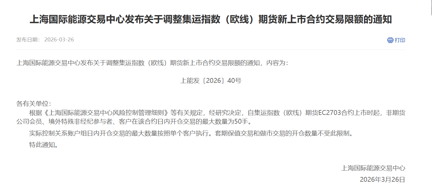 转能源中心关于调整集运指数（欧线）期货新上市合约交易限额的通知