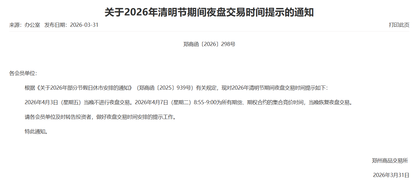 转郑商所关于2026年清明节期间夜盘交易时间提示的通知