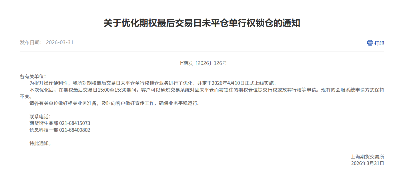 转上期所关于优化期权最后交易日未平仓单行权锁仓的通知