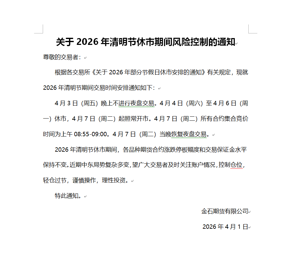 关于2026年清明节休市期间风险控制的通知