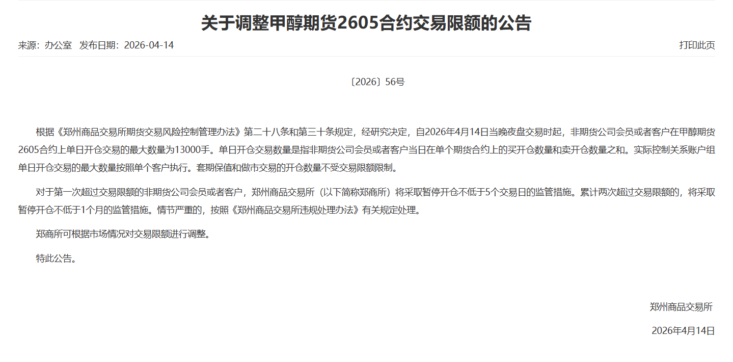 转郑商所关于调整甲醇期货2605合约交易限额的公告