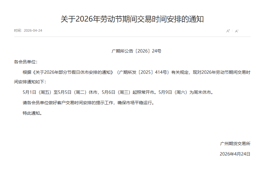 转广期所关于2026年劳动节期间交易时间安排的通知