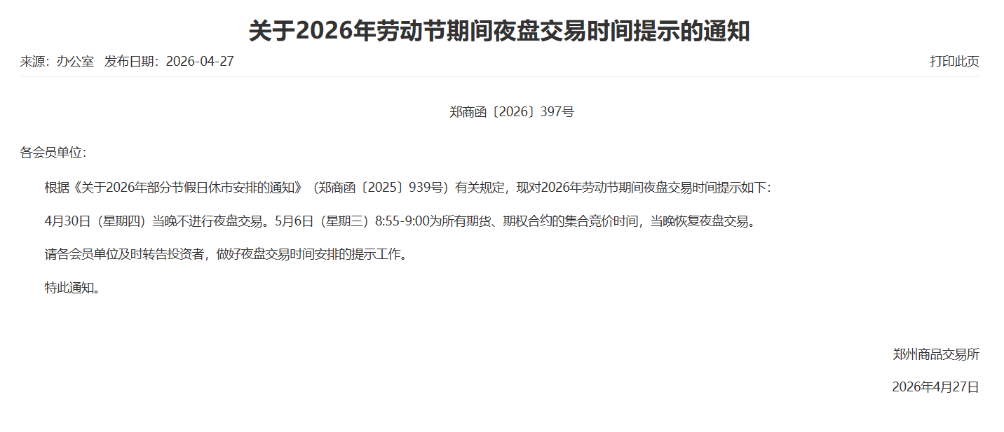 转郑商所关于2026年劳动节期间夜盘交易时间提示的通知