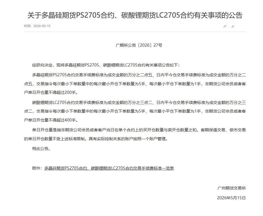 转广期所关于多晶硅期货PS2705合约、碳酸锂期货LC2705合约有关事项的公告