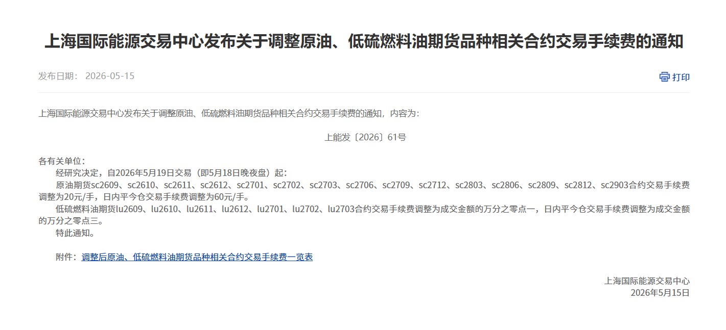 转上海国际能源交易中心发布关于调整原油、低硫燃料油期货品种相关合约交易手续费的通知