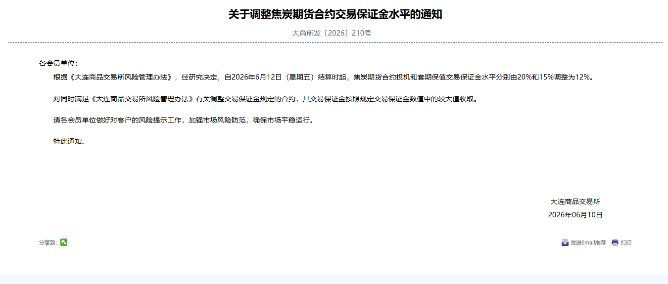 转大商所关于调整焦炭期货合约交易保证金水平的通知