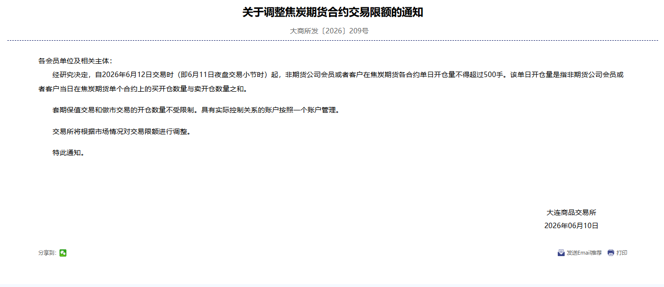 转大商所关于调整焦炭期货合约交易限额的通知