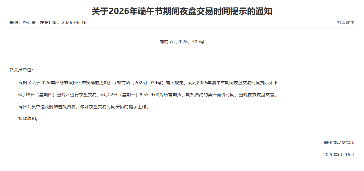 转郑商所关于2026年端午节期间夜盘交易时间提示的通知