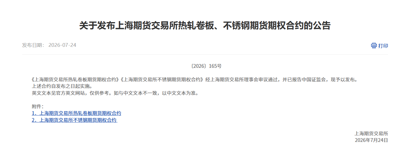 转上期所关于发布上海期货交易所热轧卷板、不锈钢期货期权合约的公告