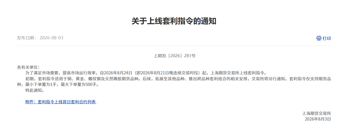 转上期所关于上线套利指令的通知
