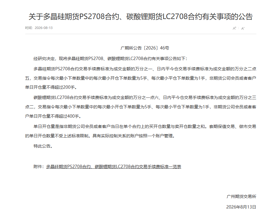 转广期所关于多晶硅期货PS2708合约、碳酸锂期货LC2708合约有关事项的公告